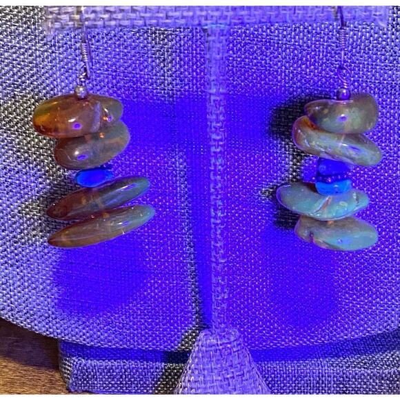 925 Thai Amber Turquoise Chips Earrings Dangle Drops Artisan  925 Thai Amber Turquoise Chips Earrings Dangle Drops Artisan 10.22g